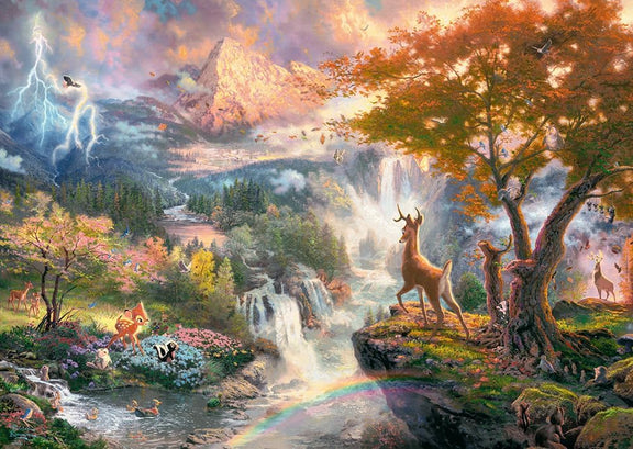 Puzzle Disney 1000 pièces Thomas Kinkade, Bambi et ses amis dans une forêt lumineuse aux couleurs des saisons