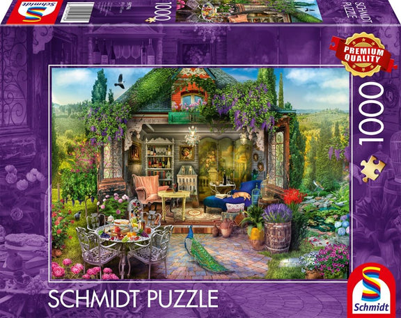 Puzzle Schmidt 1000 pièces jardin de campagne et terrasse fleurie avec paon et table de thé