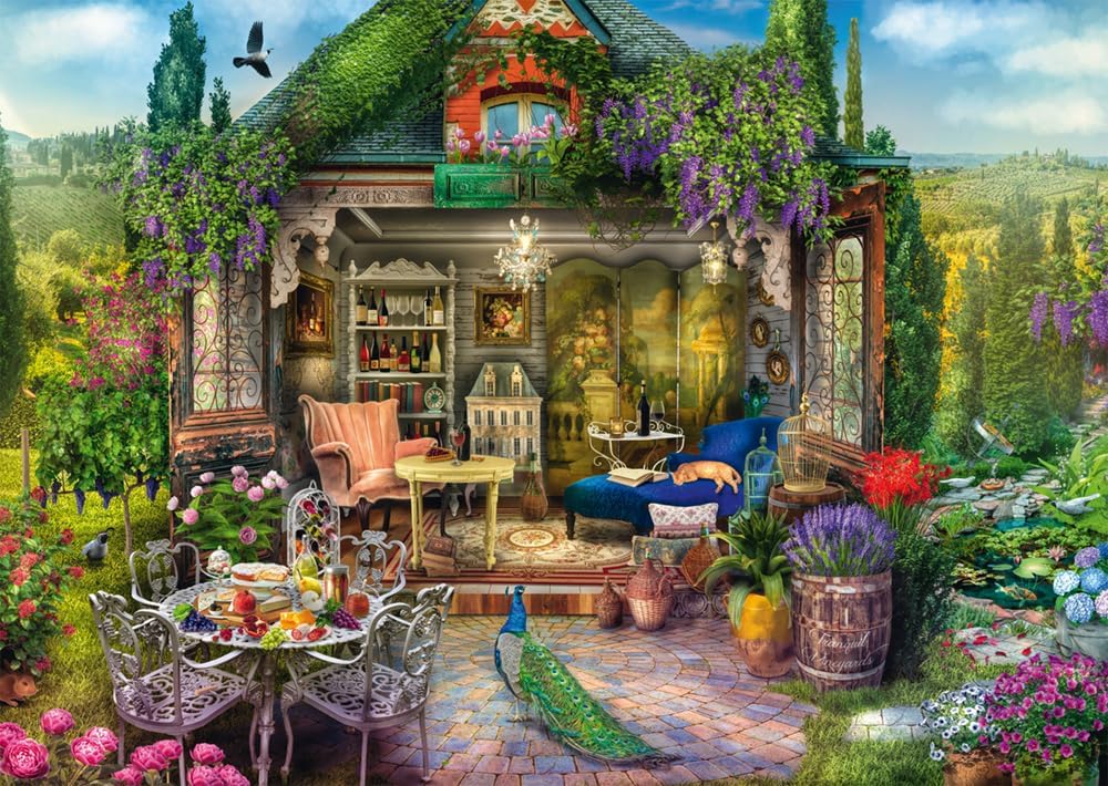 Puzzle Schmidt 1000 pièces jardin de campagne et terrasse fleurie avec paon et table de thé