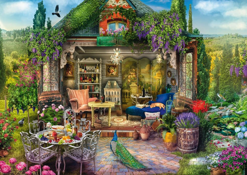Puzzle Schmidt 1000 pièces jardin de campagne et terrasse fleurie avec paon et table de thé
