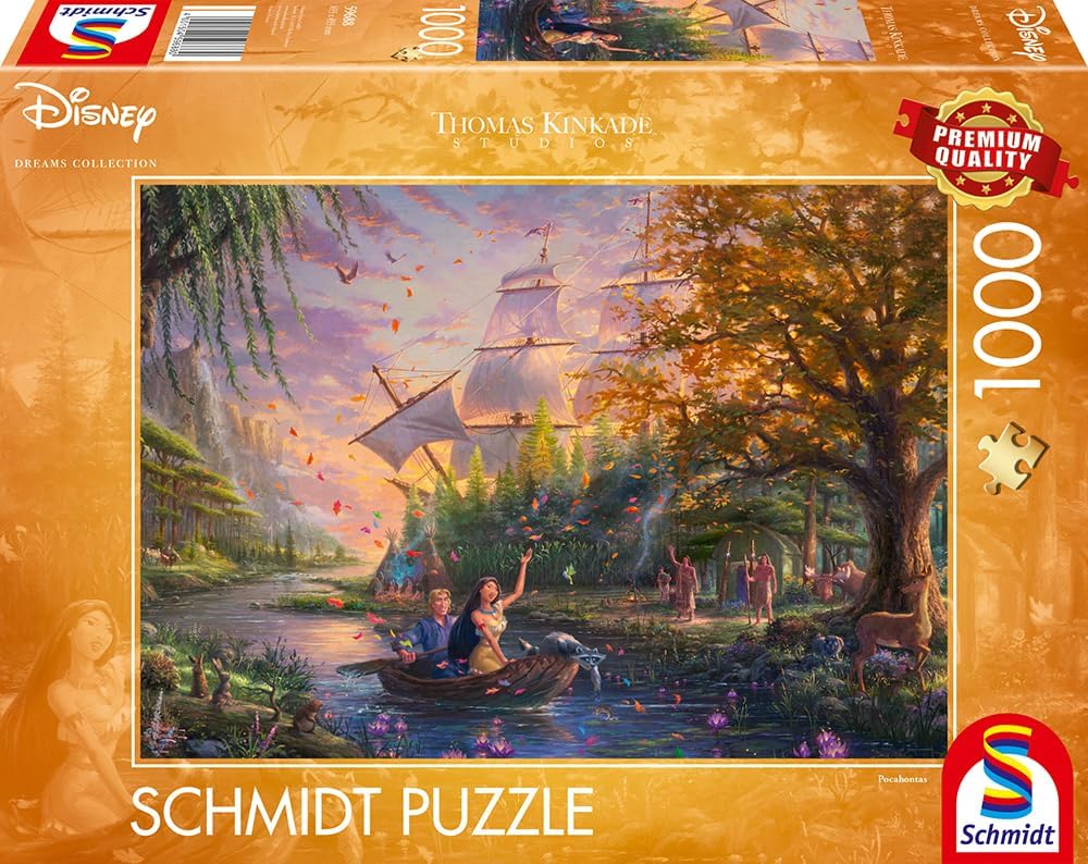 Puzzle Disney 1000 pièces Thomas Kinkade, Pocahontas et John Smith en canoë sur la rivière en automne