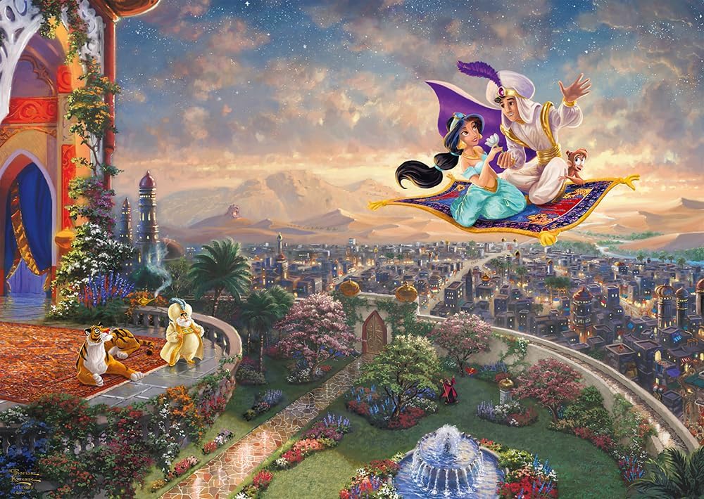 Puzzle Disney 1000 pièces Thomas Kinkade, Aladdin et Jasmine sur le tapis volant au-dessus d'Agrabah