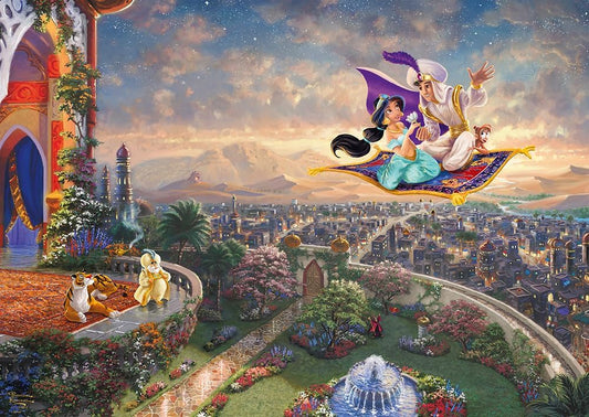 Puzzle Disney 1000 pièces Thomas Kinkade, Aladdin et Jasmine sur le tapis volant au-dessus d'Agrabah