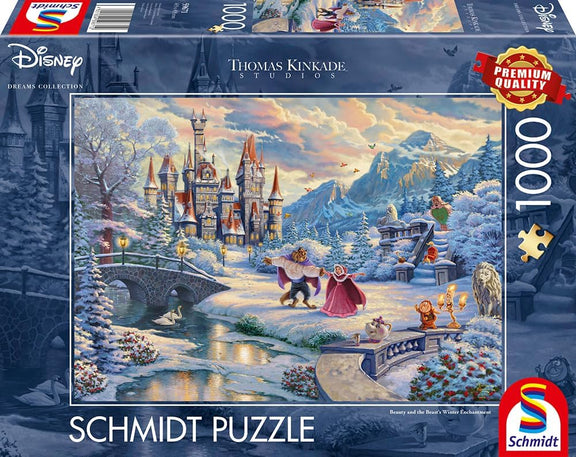Puzzle Disney 1000 pièces Thomas Kinkade, Belle et la Bête dans les jardins enneigés du château en hiver