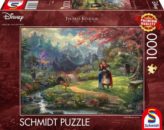 Puzzle Disney 1000 pièces Thomas Kinkade, Mulan et Li Shang dans un jardin fleuri sous les cerisiers
