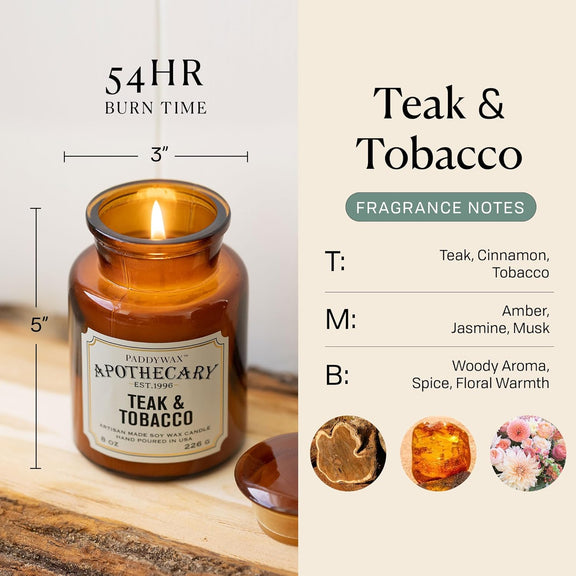 Bougie apothicaire Teck & Tabac en cire de soja dans un pot en verre ambré vintage 226 g