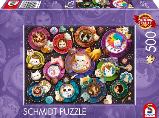 Puzzle Schmidt 500 pièces Chat-puccino avec tasses de café colorées et chats espiègles