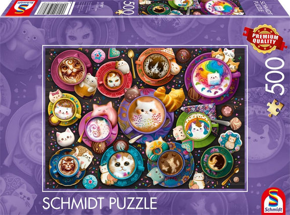 Puzzle Schmidt 500 pièces Chat-puccino avec tasses de café colorées et chats espiègles