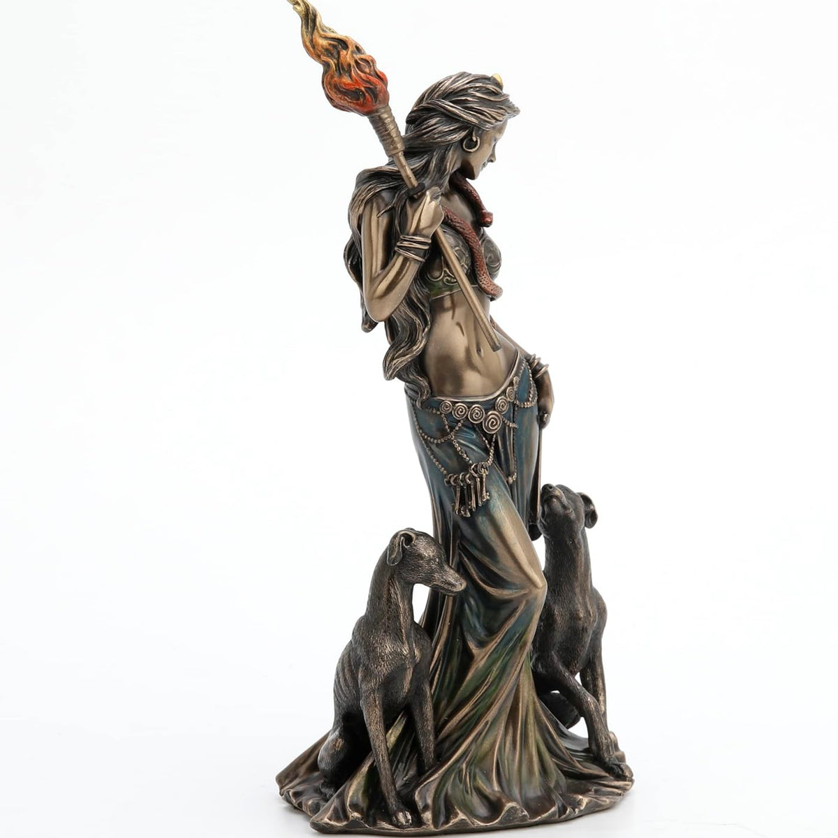 Figurine Hécate Veronese Design avec chiens et torche, polyrésine effet bronze coulé à froid