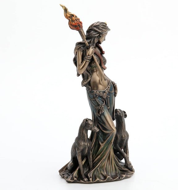 Figurine Hécate Veronese Design avec chiens et torche, polyrésine effet bronze coulé à froid
