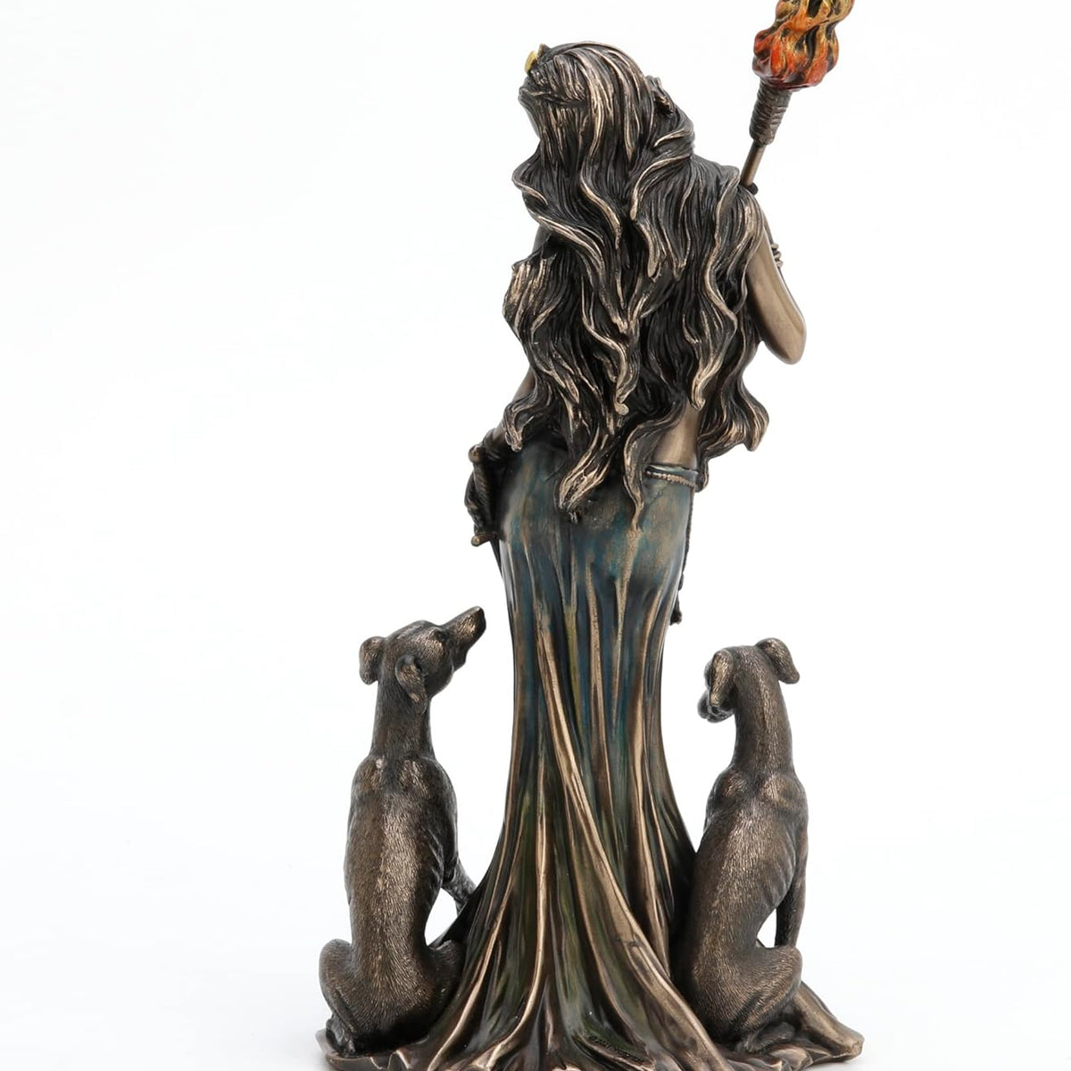 Figurine Hécate Veronese Design avec chiens et torche, polyrésine effet bronze coulé à froid