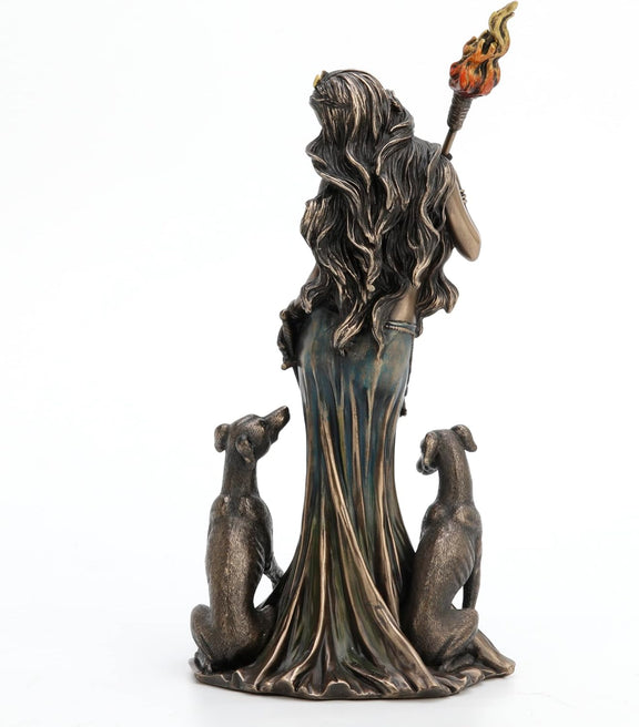 Figurine Hécate Veronese Design avec chiens et torche, polyrésine effet bronze coulé à froid