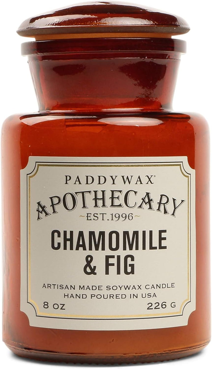 Bougie apothicaire Camomille & Figue en cire de soja dans un pot en verre ambré vintage 226 g