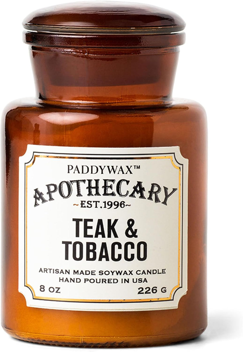 Bougie apothicaire Teck & Tabac en cire de soja dans un pot en verre ambré vintage 226 g