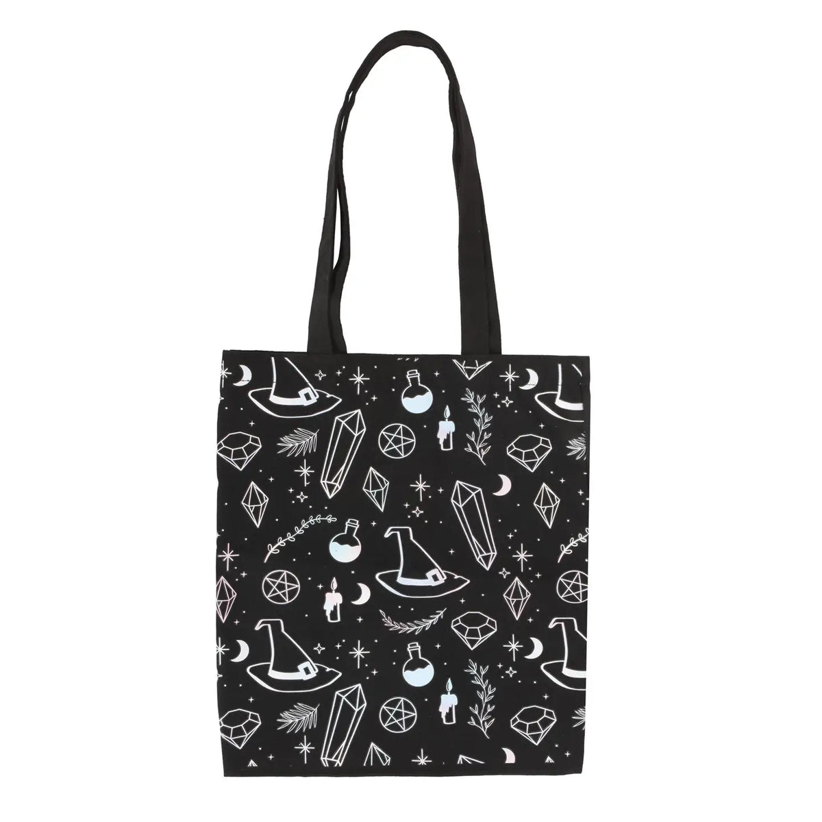 Tote bag noir à motifs ésotériques blancs, chapeaux de sorcière, pentacles, cristaux et lunes