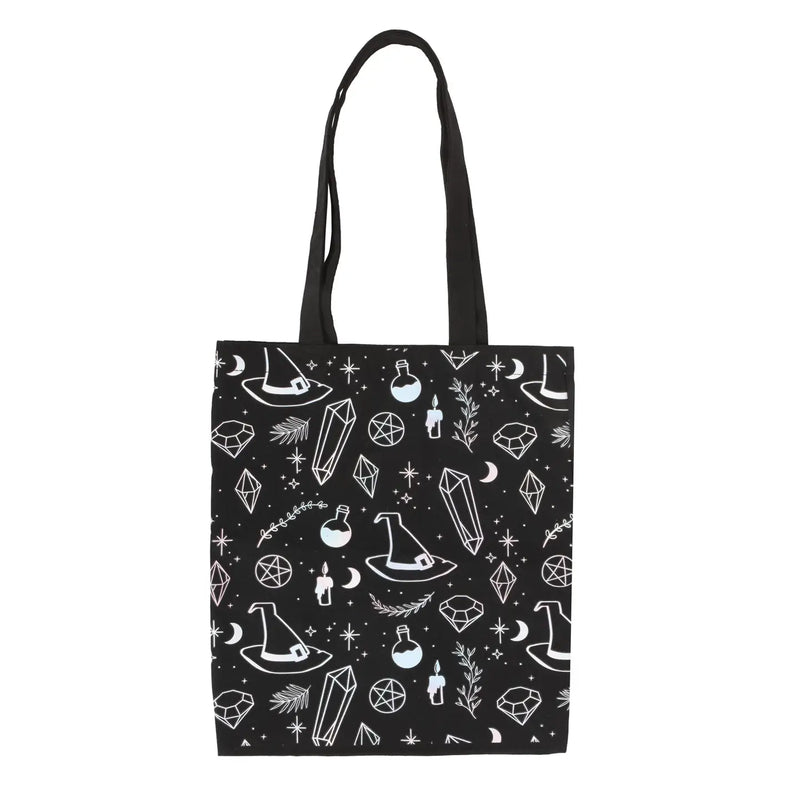 Tote bag noir à motifs ésotériques blancs, chapeaux de sorcière, pentacles, cristaux et lunes