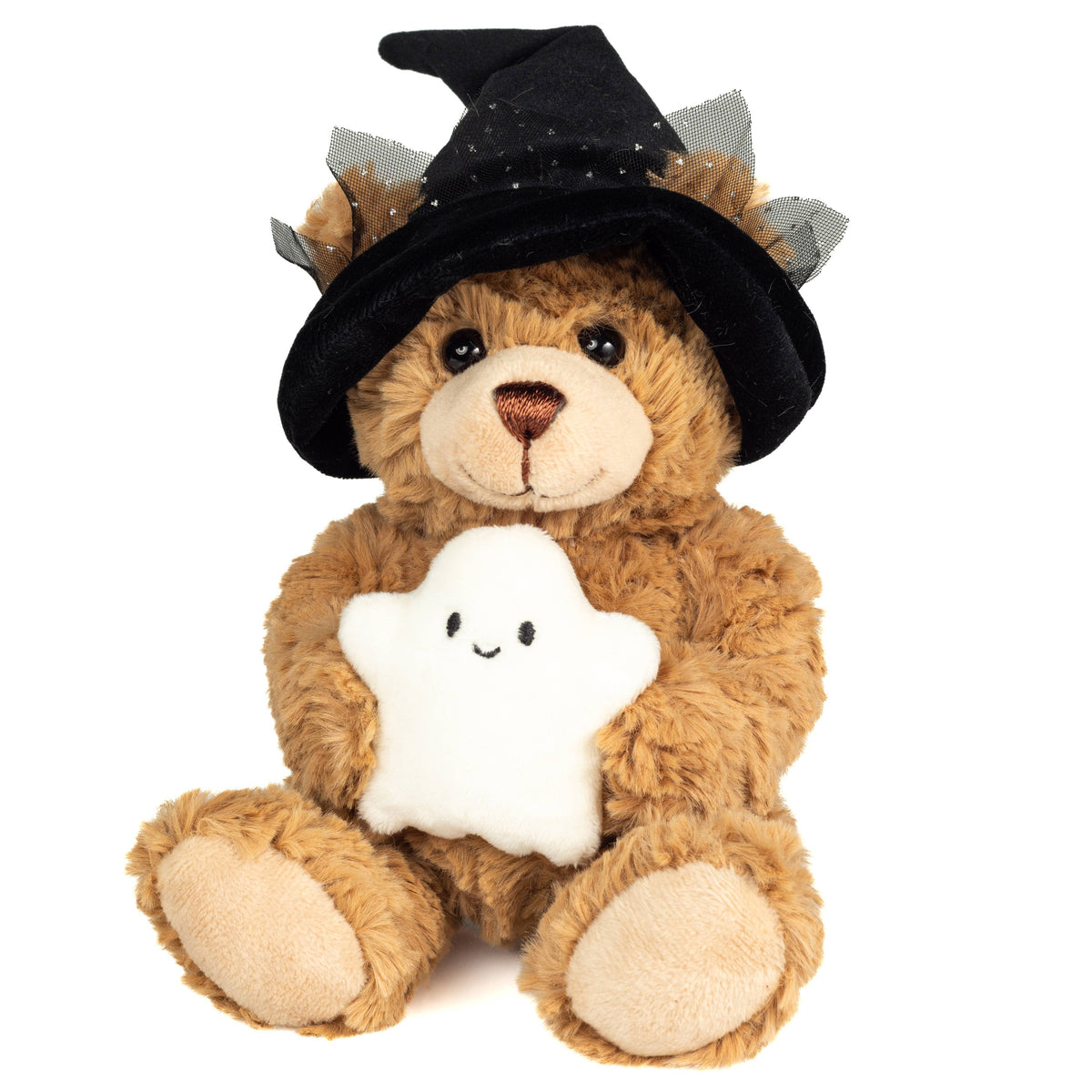 Peluche Teddy Hermann ours brun clair 20 cm avec chapeau de sorcière et petit fantôme souriant