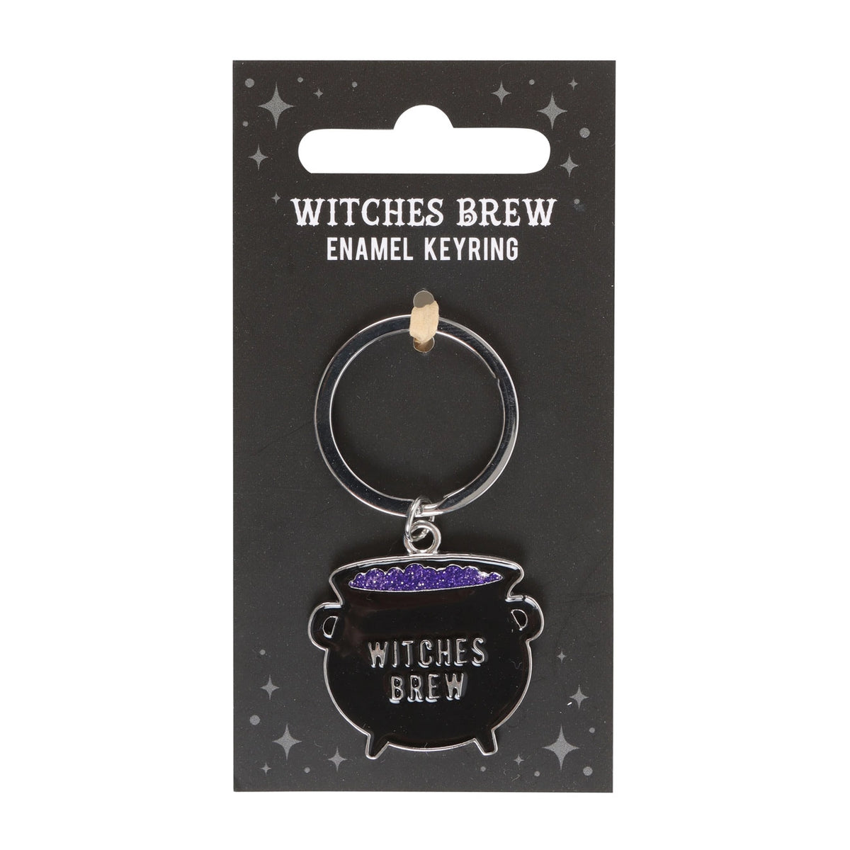 Porte-clés chaudron Witches Brew en métal émaillé noir avec potion violette pailletée