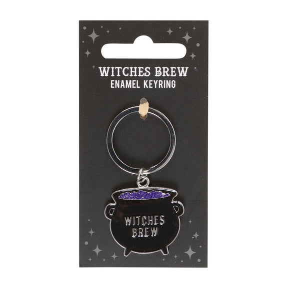 Porte-clés chaudron Witches Brew en métal émaillé noir avec potion violette pailletée