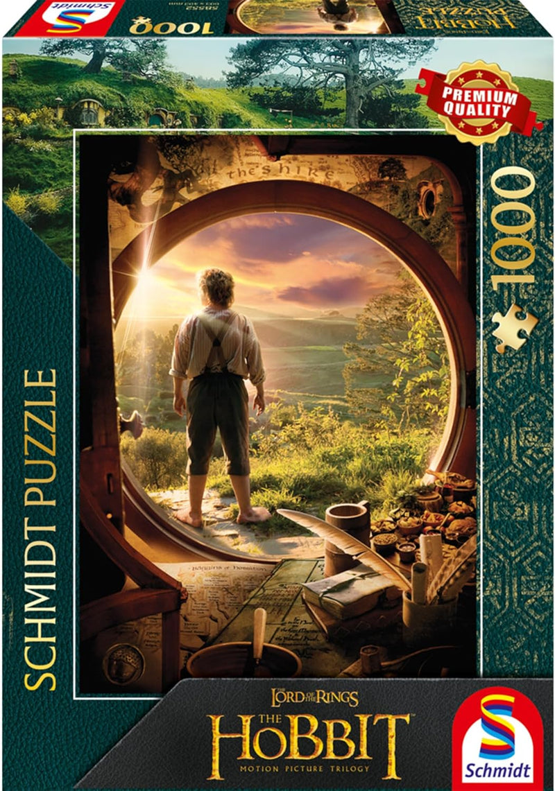 Puzzle Schmidt 1000 pièces The Hobbit, Bilbo devant la porte ronde de Cul-de-Sac face à la Comté