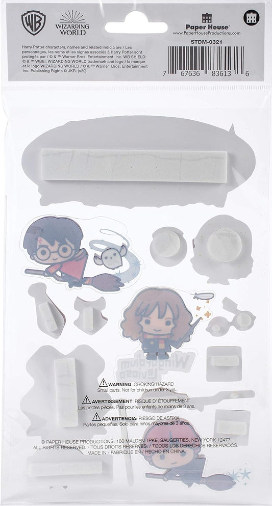 Planche de 15 stickers 3D Harry Potter chibi à relief et paillettes avec Harry, Ron et Hermione