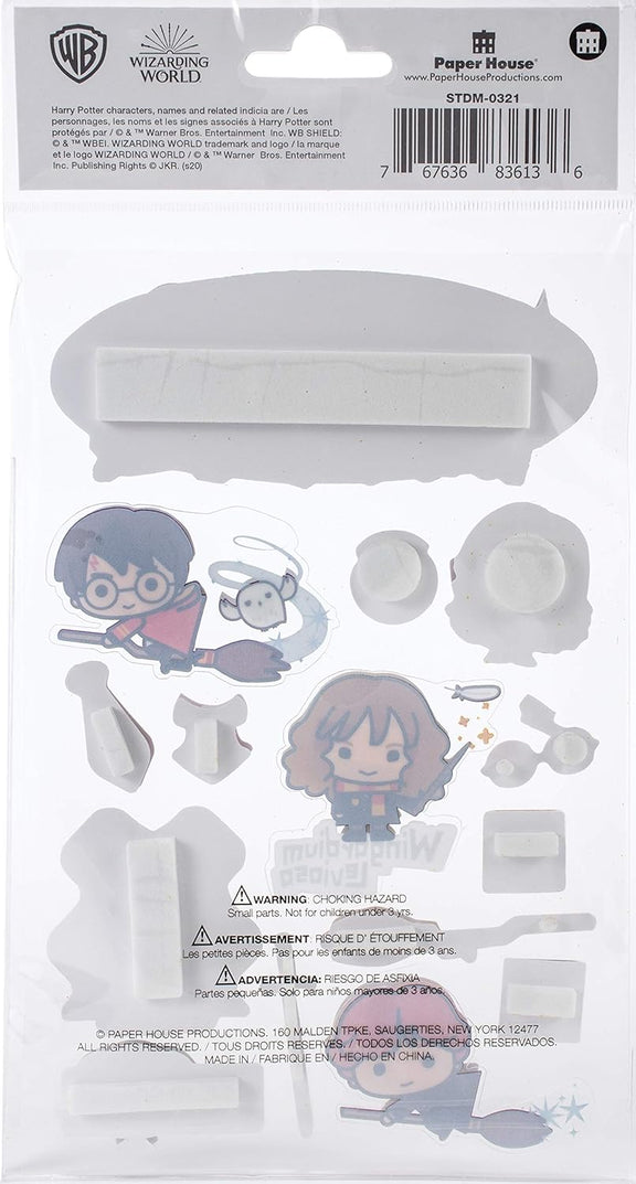 Planche de 15 stickers 3D Harry Potter chibi à relief et paillettes avec Harry, Ron et Hermione