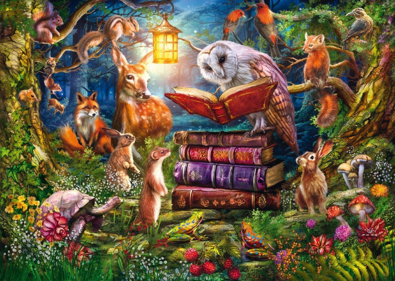 Puzzle Schmidt 1000 pièces Contes du soir, chouette lisant un livre à la lanterne entourée d'animaux