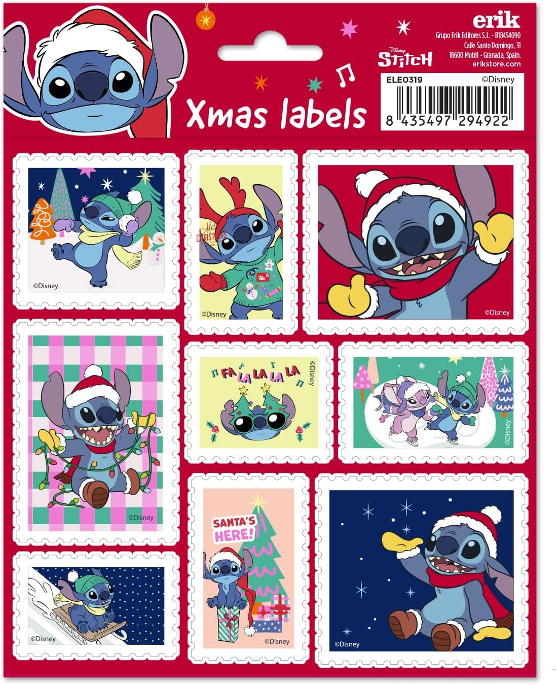 Lot de 18 étiquettes stickers Disney Stitch de Noël en tenues festives pour paquets cadeaux