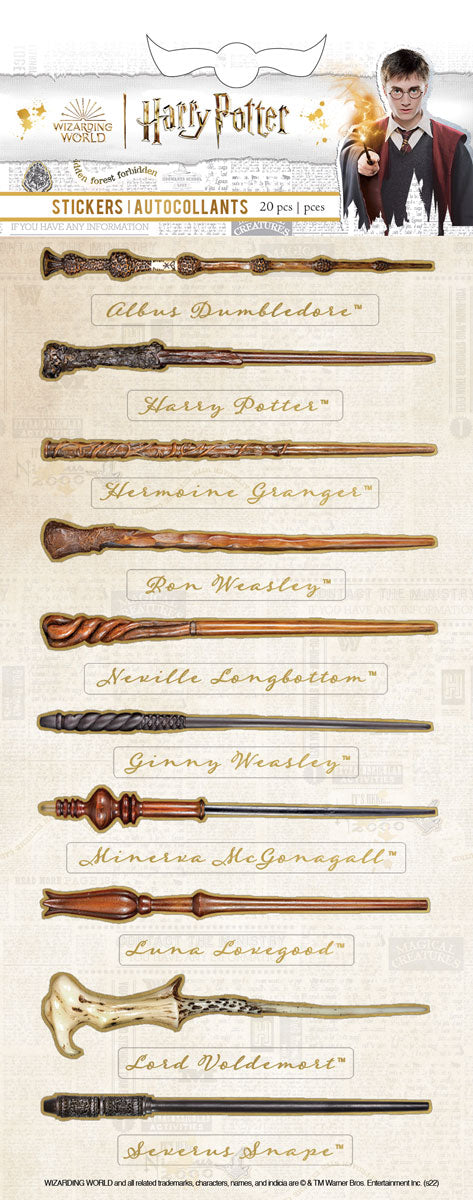 Planche de 20 stickers Harry Potter, baguettes magiques nommées de Dumbledore, Hermione et Voldemort
