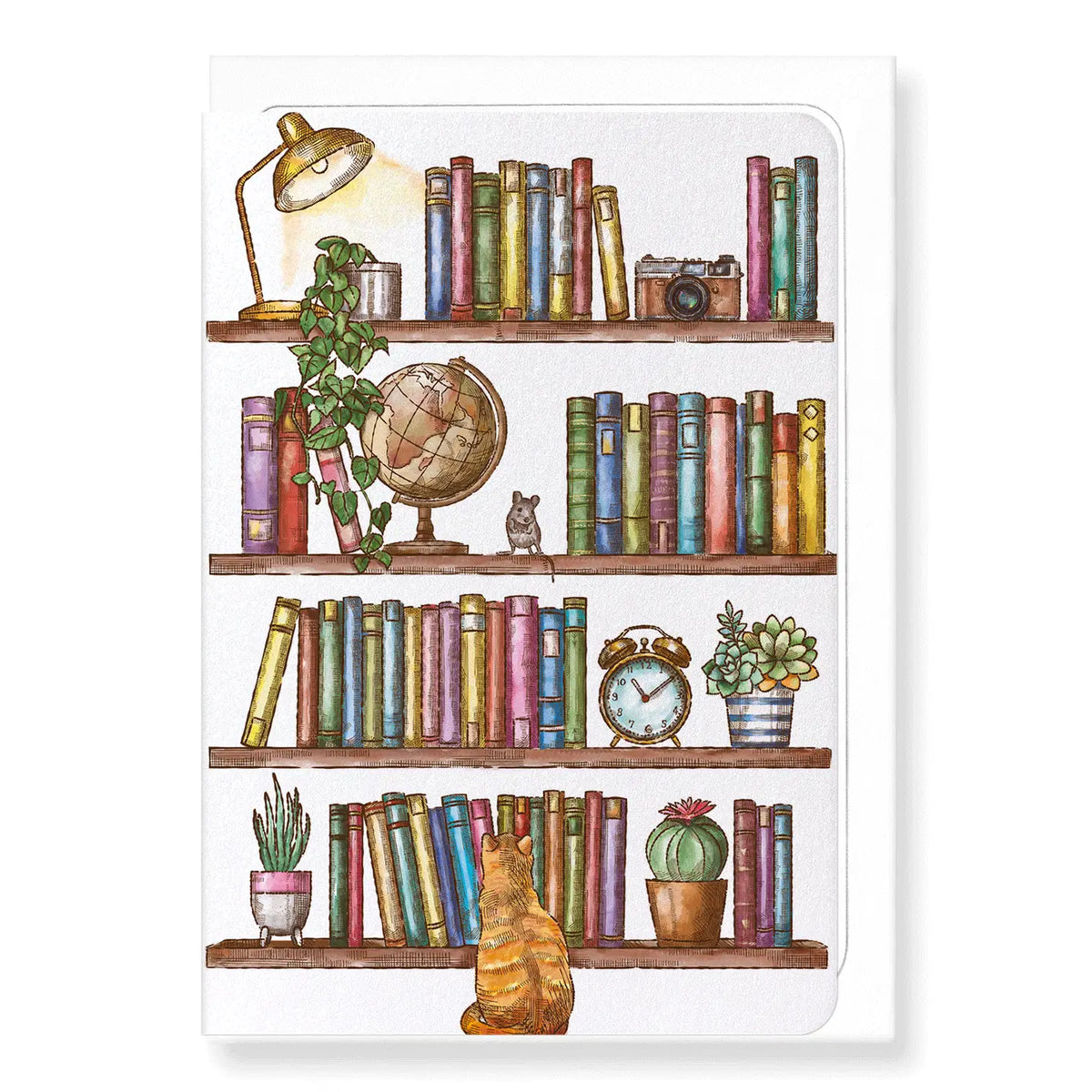 Carte illustrée d'une bibliothèque cosy remplie de livres colorés avec un chat roux observant une souris