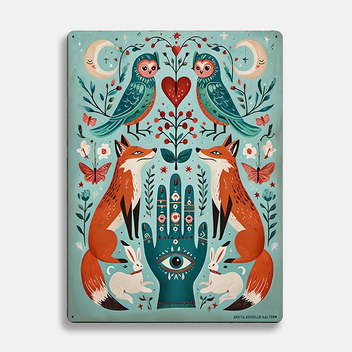 Plaque murale vintage en aluminium imprimé illustrée d'un renard, d'un hibou et d'une lune, style rétro