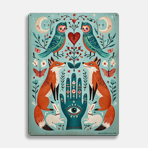 Plaque murale vintage en aluminium imprimé illustrée d'un renard, d'un hibou et d'une lune, style rétro