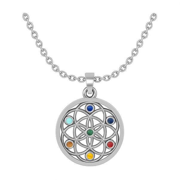 Collier Fleur de Vie 7 chakras en argent 925 rhodié avec pierres colorées