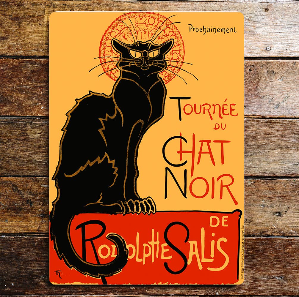 Plaque murale vintage en aluminium imprimé reproduisant l'affiche Tournée du Chat Noir, style rétro