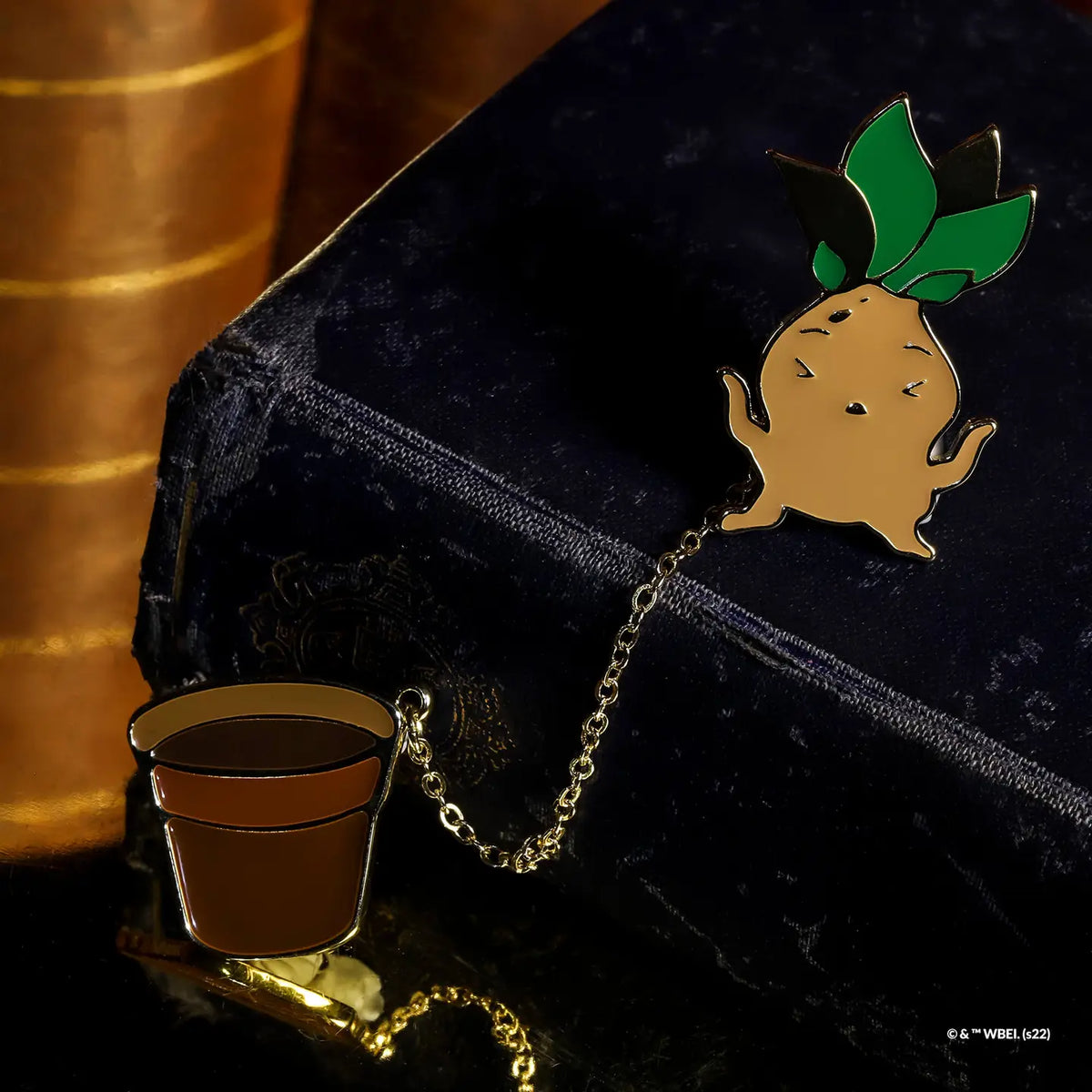 Duo de pin's Harry Potter Mandragore et pot reliés par une chaîne dorée