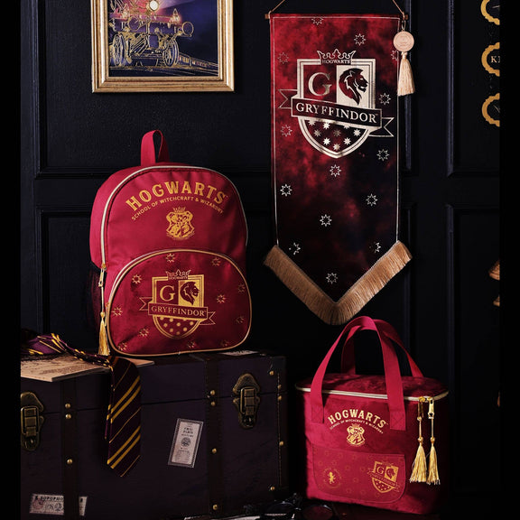 Sac à lunch isotherme Harry Potter Gryffondor en velours rouge avec blason et impressions dorées