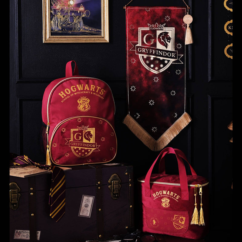 Sac à lunch isotherme Harry Potter Gryffondor en velours rouge avec blason et impressions dorées