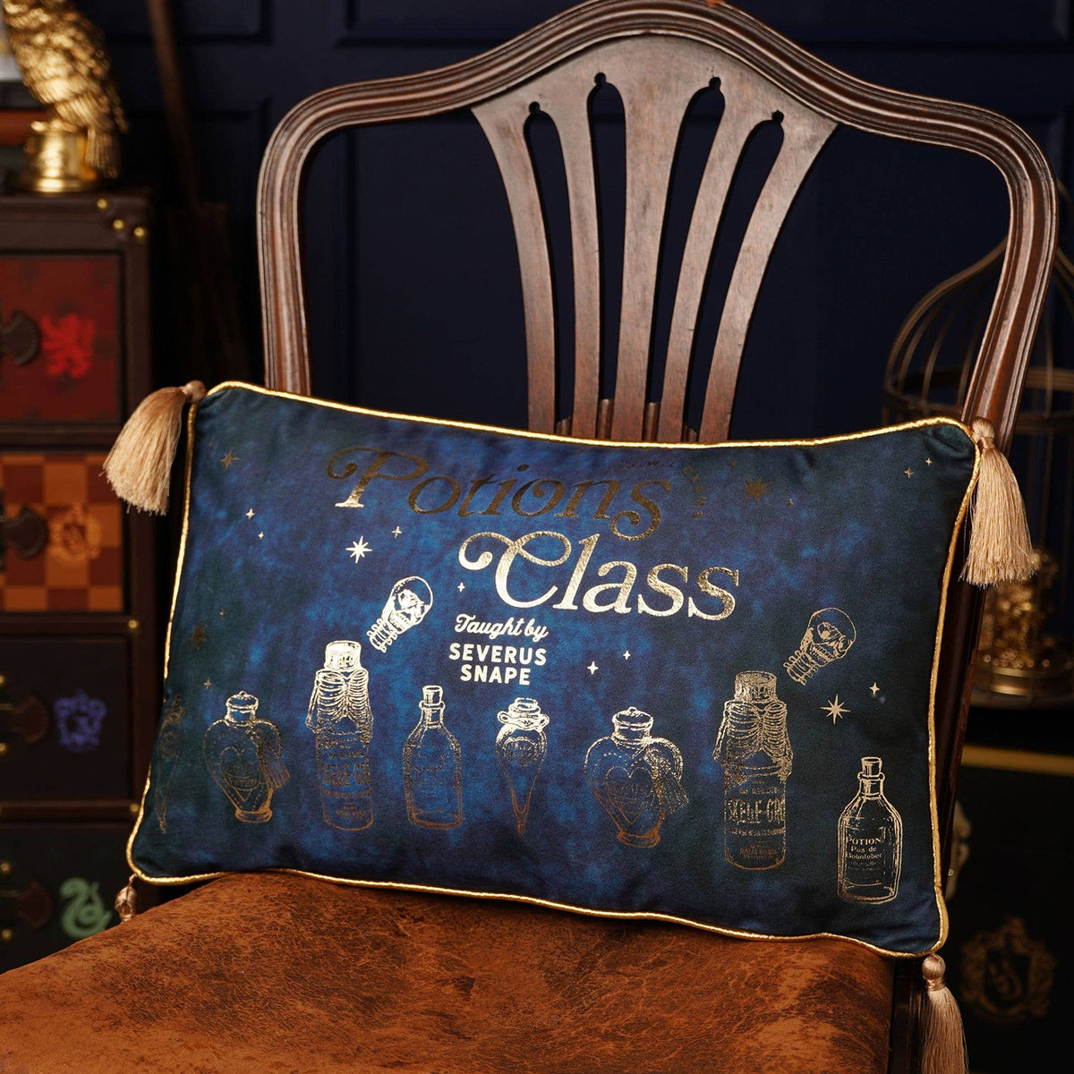 Coussin Harry Potter velours bleu étoilé illustré du cours de potions de Rogue