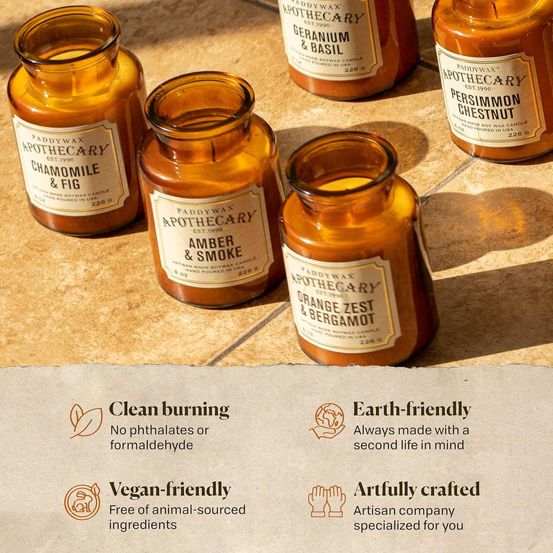 Bougie apothicaire Persimmon & Chestnut en cire de soja dans un pot en verre ambré vintage 226 g