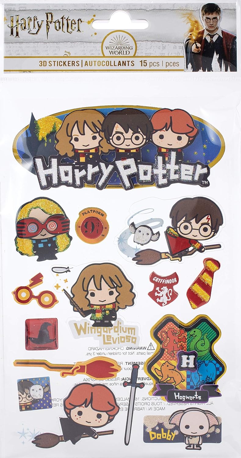 Planche de 15 stickers 3D Harry Potter chibi à relief et paillettes avec Harry, Ron et Hermione