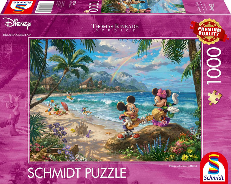 Puzzle Disney 1000 pièces Thomas Kinkade, Mickey et Minnie sur une plage d'Hawaï sous un arc-en-ciel