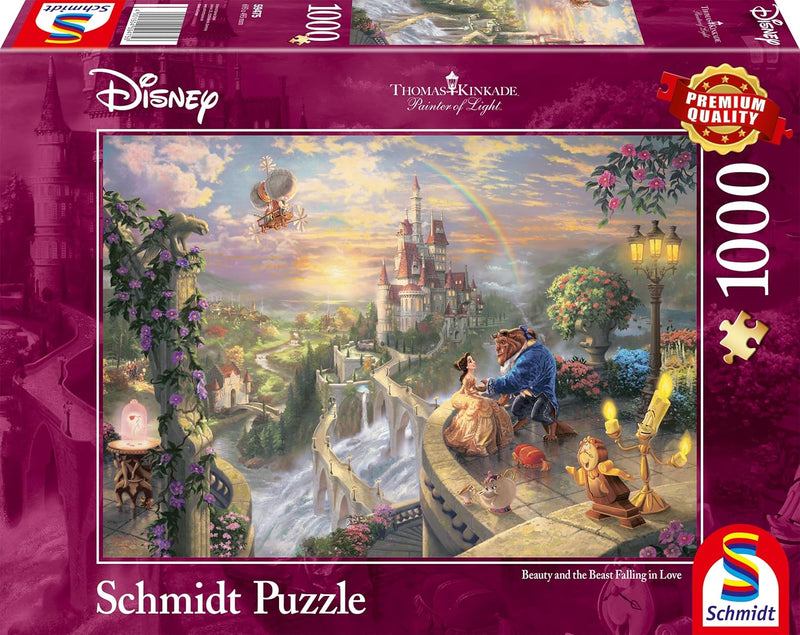 Puzzle Disney 1000 pièces Thomas Kinkade, Belle et la Bête sur une terrasse devant le château arc-en-ciel