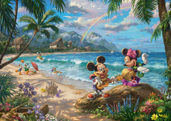 Puzzle Disney 1000 pièces Thomas Kinkade, Mickey et Minnie sur une plage d'Hawaï sous un arc-en-ciel