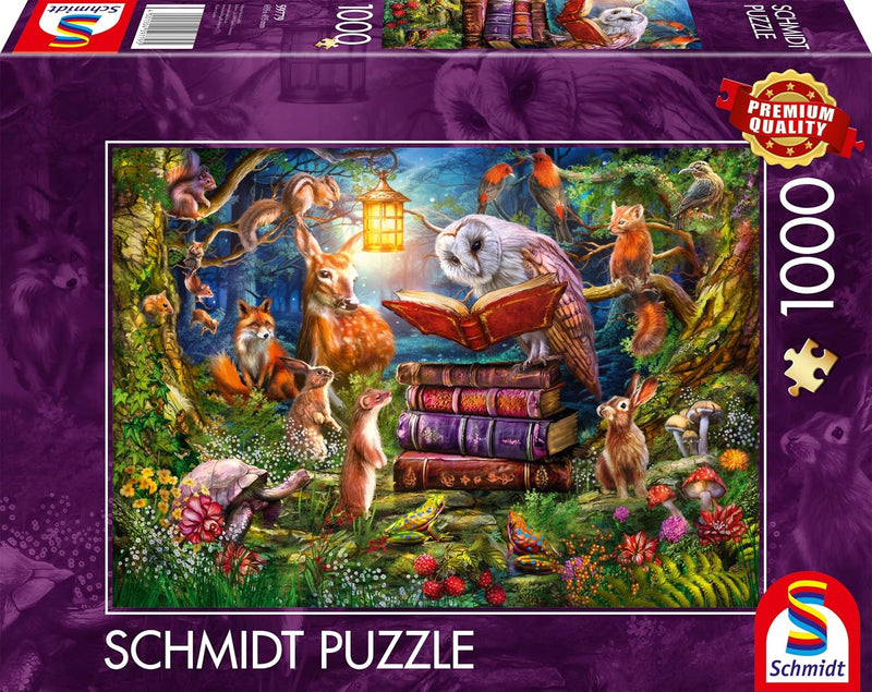 Puzzle Schmidt 1000 pièces Contes du soir, chouette lisant un livre à la lanterne entourée d'animaux