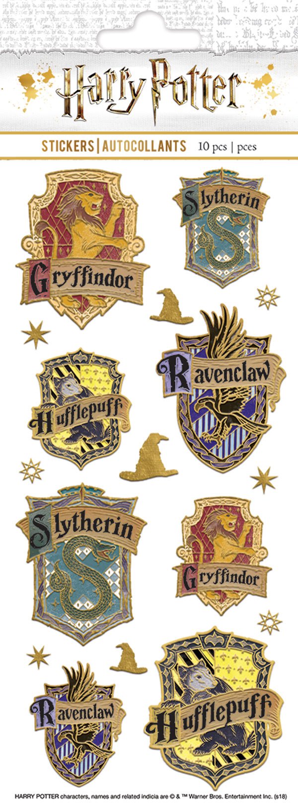 Stickers Harry Potter, 17 blasons dorés des maisons de Poudlard avec Choixpeau et étoiles