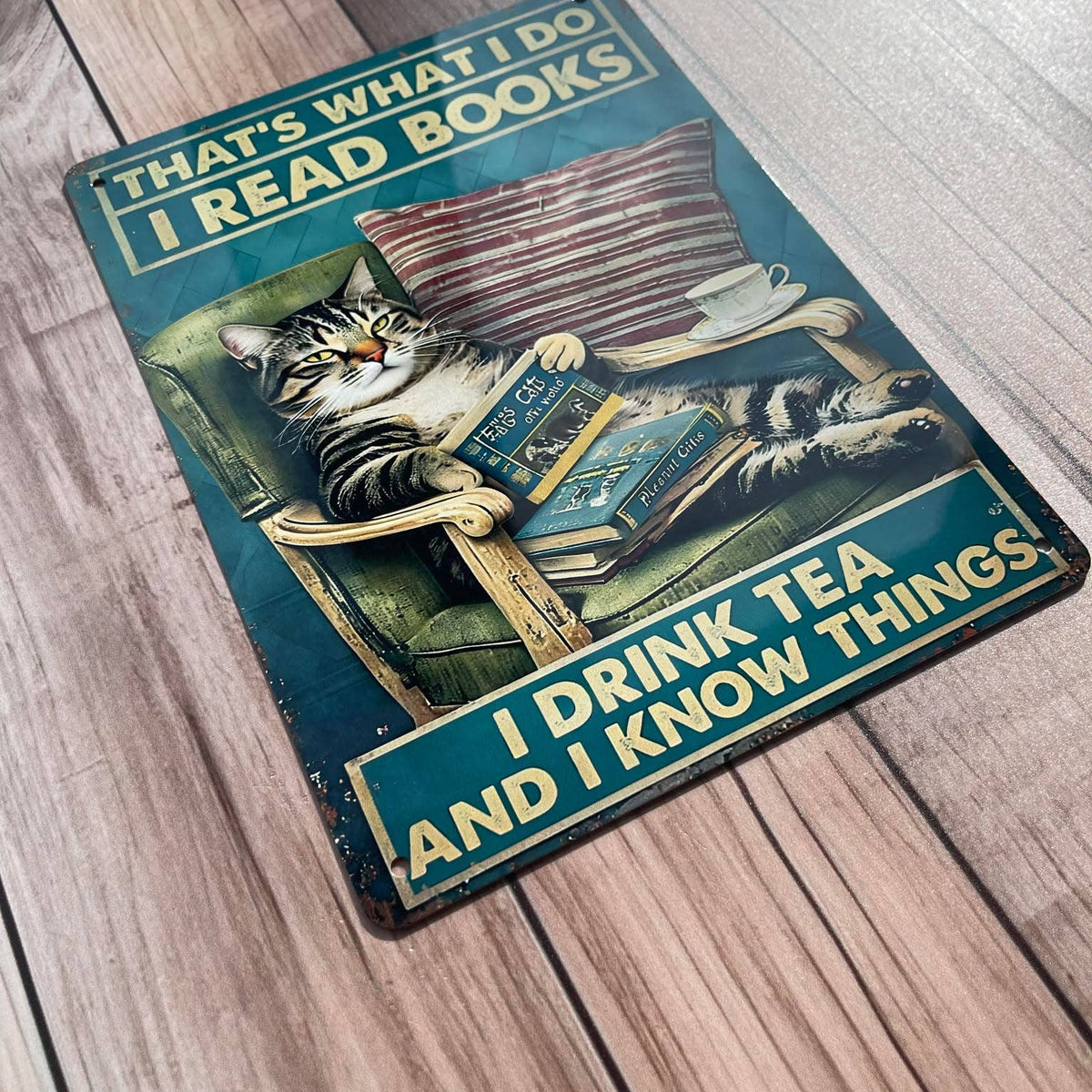 Plaque murale vintage en aluminium imprimé Read books drink tea know things illustrée d'un chat