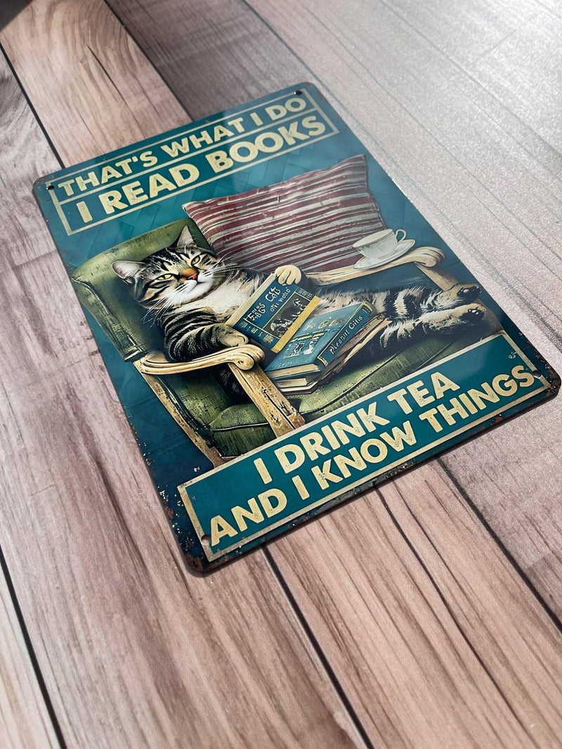Plaque murale vintage en aluminium imprimé Read books drink tea know things illustrée d'un chat
