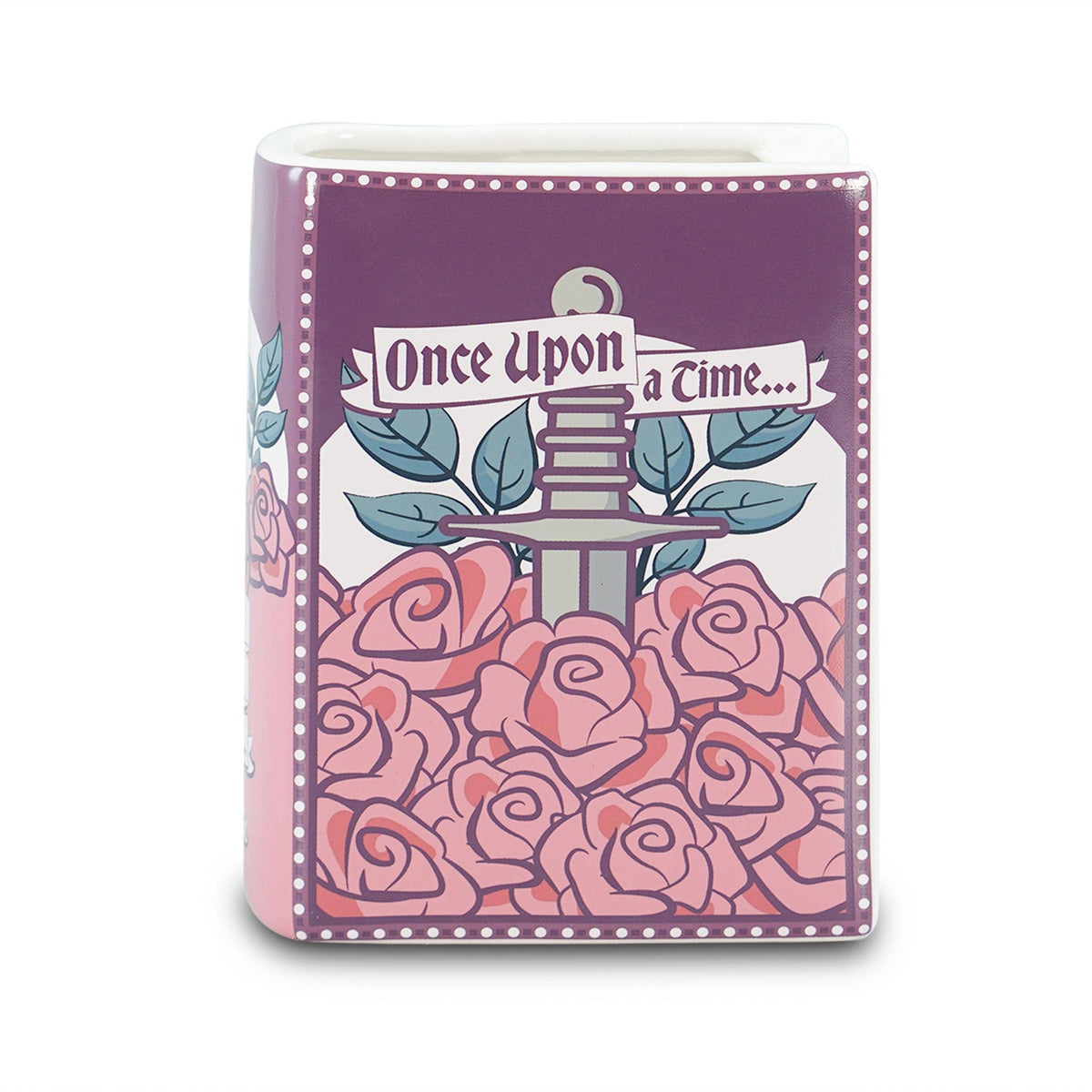 Vase céramique en forme de livre Once Upon a Time orné de roses aux tons rose, violet et bleu