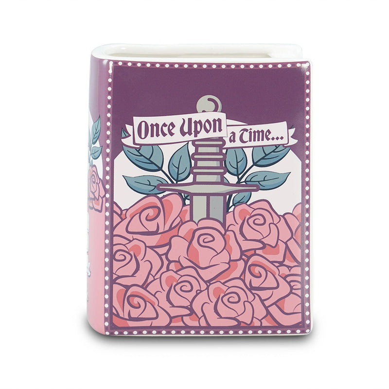 Vase céramique en forme de livre Once Upon a Time orné de roses aux tons rose, violet et bleu