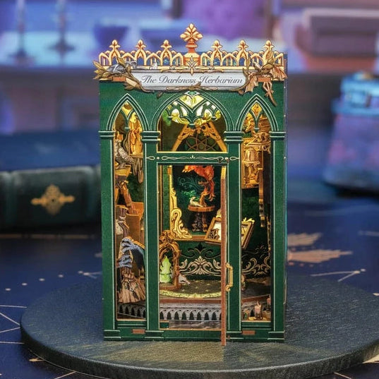Book nook Herbier des Ténèbres, kit en bois 98 pièces avec LED, serre botanique vert émeraude